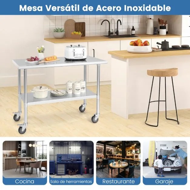 Carrinho de Cozinha Mesa de trabalho em aço inoxidável com 4 rodas Pernas galvanizadas Estante ajustável para cozinha 122 x 61 x 89 cm Prateada