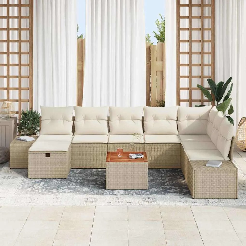 Conjunto de Sofá de Jardim de 9 Peças com Almofadas Bege Vime Sintétic