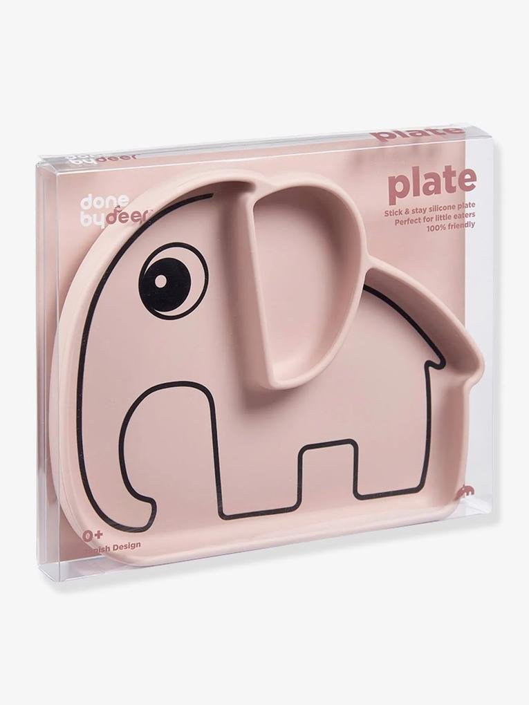Prato DONE BY DEER Stick&amp;Stay, Elefante em silicone rosa claro liso com motivo