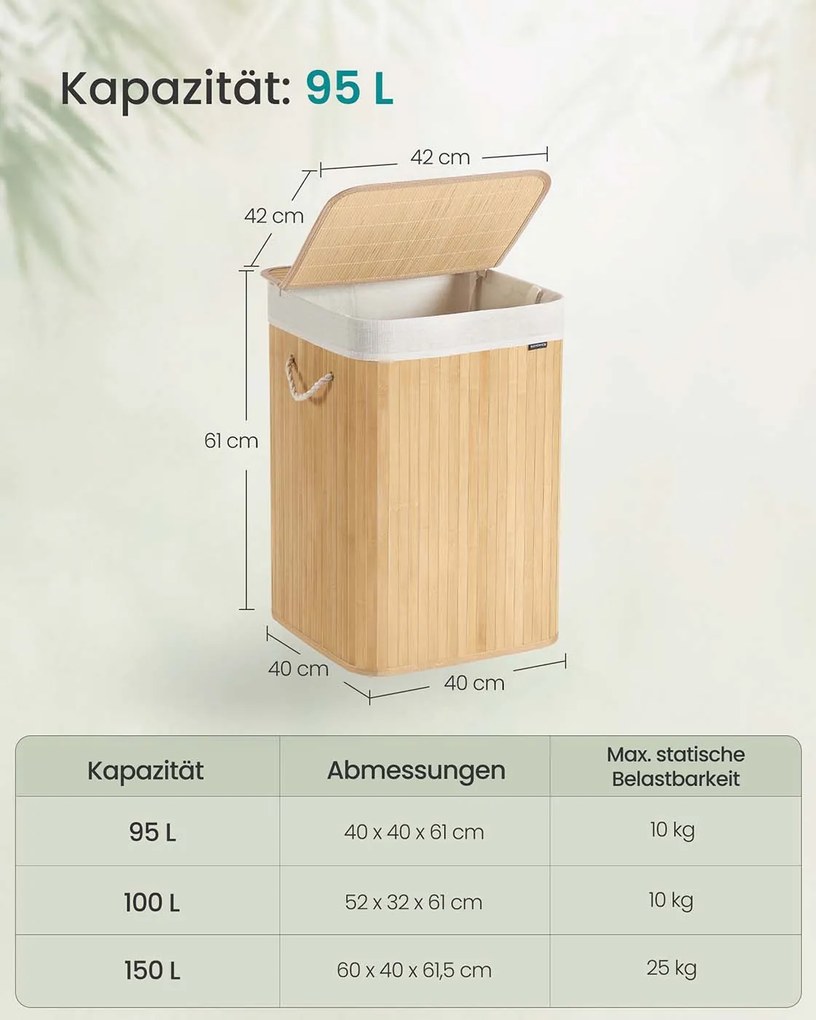 Cesto para roupa suja em bambu 40 x 40 x 61 cm cor natural