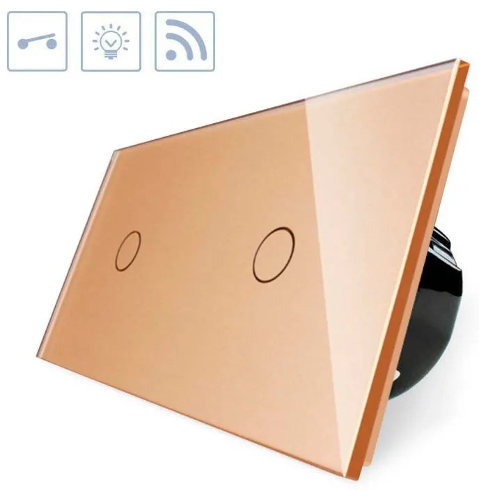 Interruptor tátil 2 botões + função controlo remoto, Painel frente dourado vidro temperado