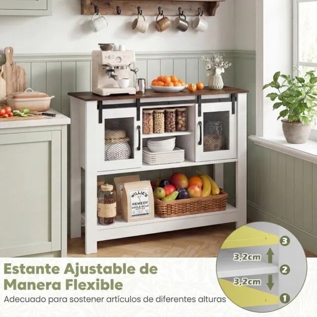 Aparador Armário de cozinha 102 x 32 x 82 cm com 2 compartimentos abertos, prateleira ajustável, portas de correr Branco+Castanho