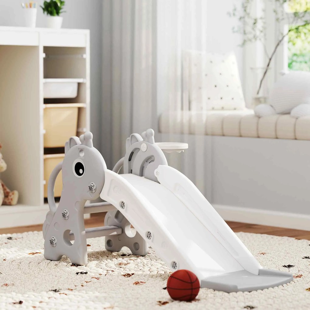 Escorrega infantil 3 em 1 em forma de girafa com cesto de basquetebol, trepa-trepa e bola, 106 x 51,5 x 52 cm, cinzento