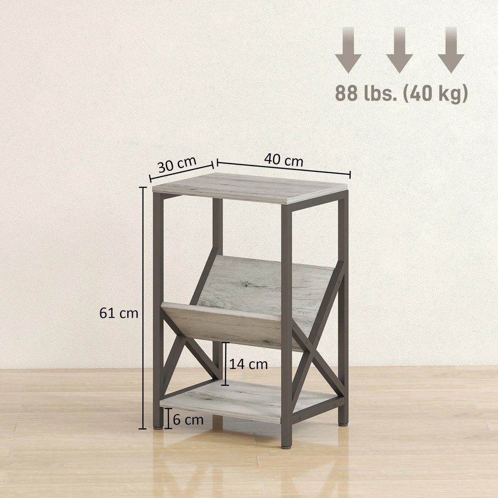 Mesa de apoio estreita, mesa de canto com 3 prateleiras, porta-revistas em V, estrutura em aço, 40 x 30 x 61 cm, cinzento escuro