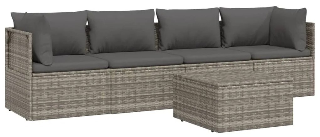5 pcs conjunto lounge de jardim c/ almofadões vime PE cinzento