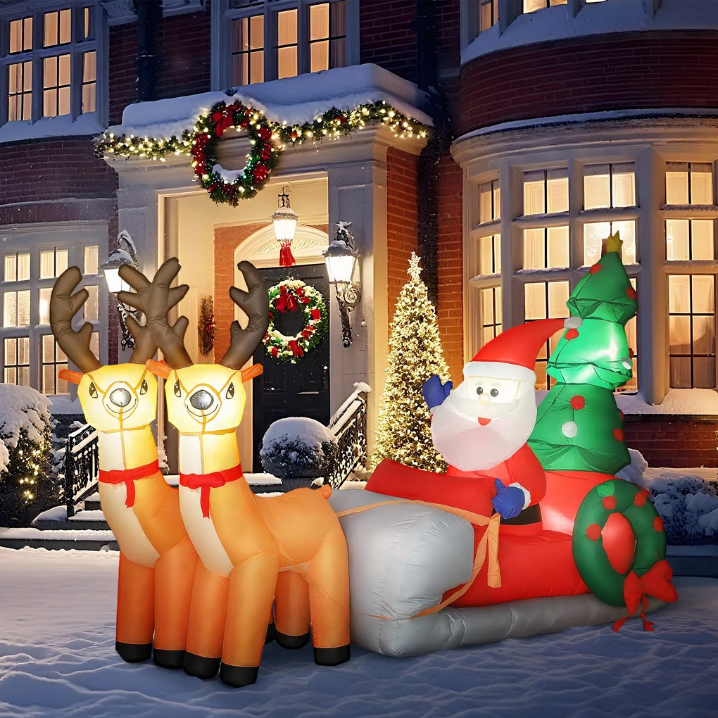 Pai Natal Insuflável com Trenó Renas e Árvore de Natal com Luzes LED Decoração de Natal 216x90x150 cm Multicolor