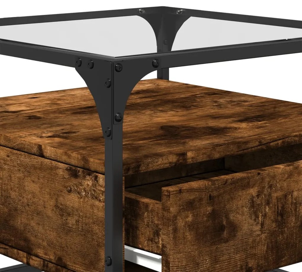 Mesa de centro c/ topo de vidro 50x50x45 cm carvalho fumado aço