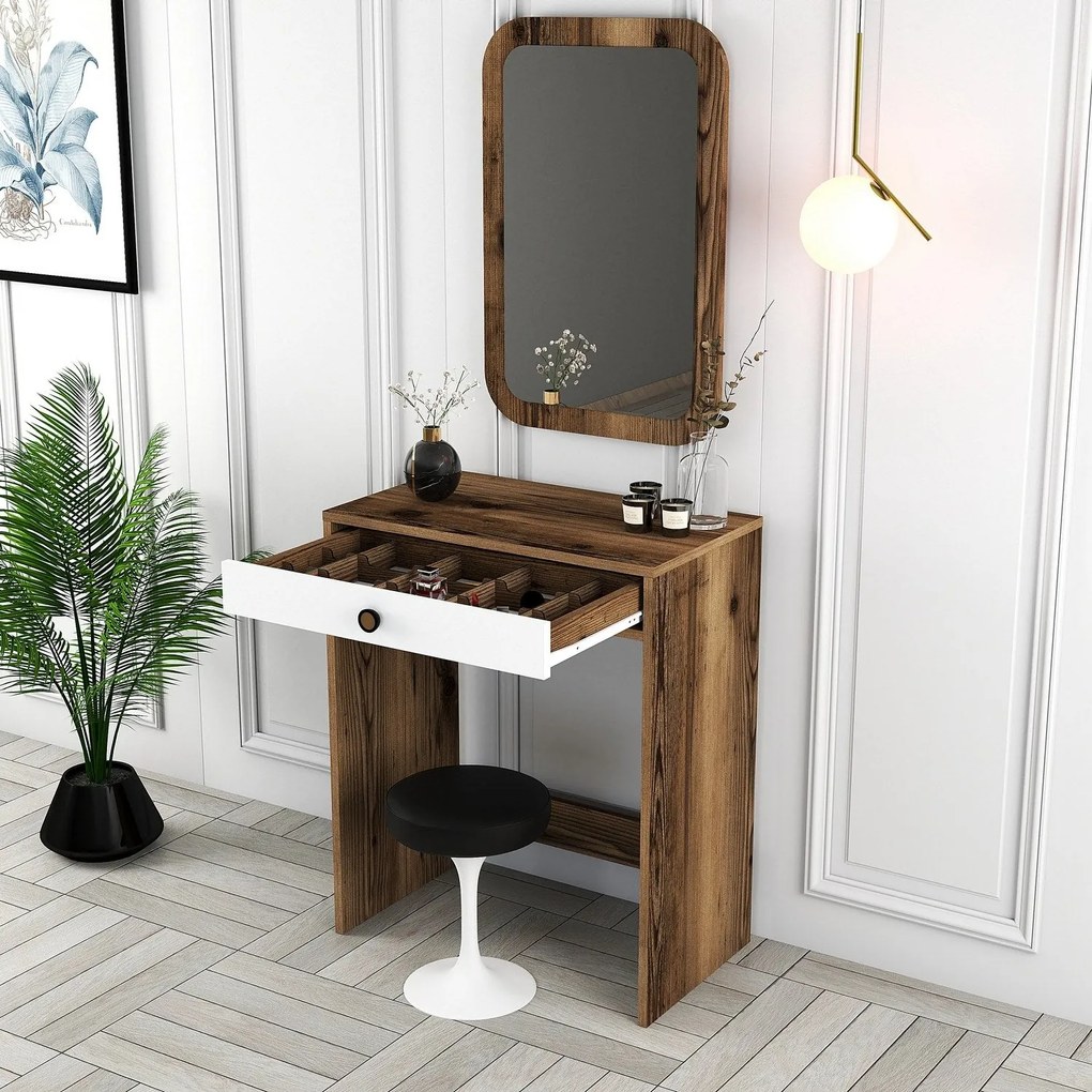Mesa de Maquilhagem Lizbon Mirror – Nogueira e Branco – 70x40x84,7 cm