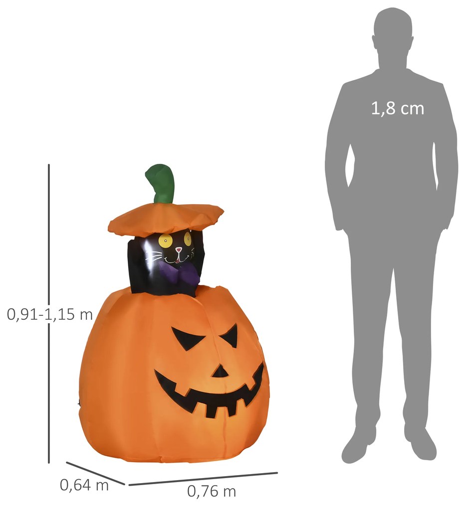 Abóbora Insuflável de Halloween com Gato Altura 91-115cm Decoração de Halloween com Luzes LED IP44 2 Infladores para Jardim Festas Exterior
