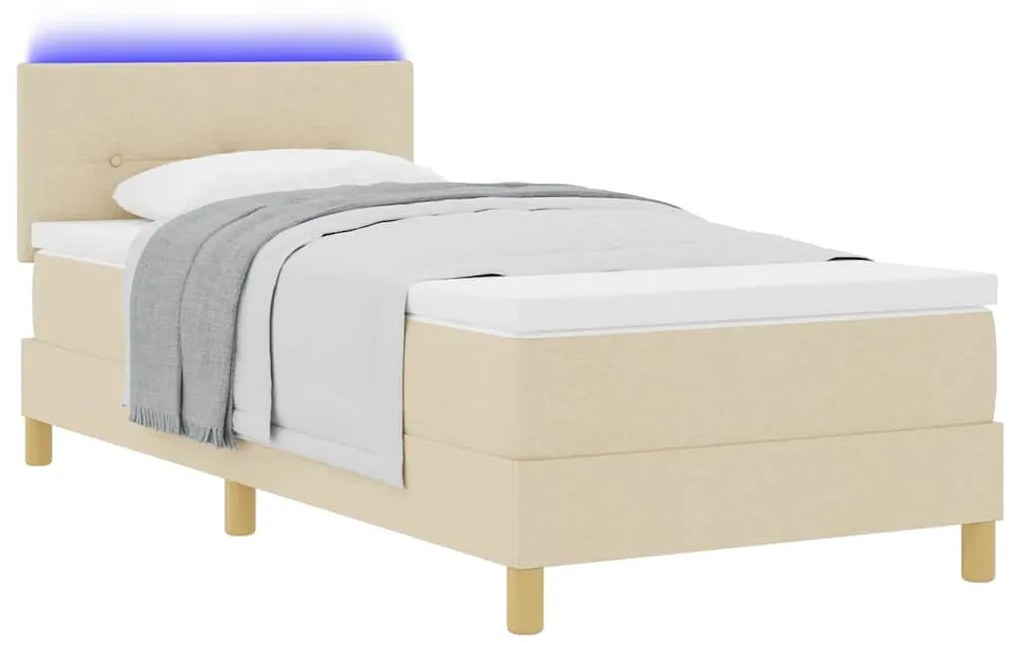 Cama Box Spring com Colchão &amp; Luz LED Creme 100x200 cm de Tecido