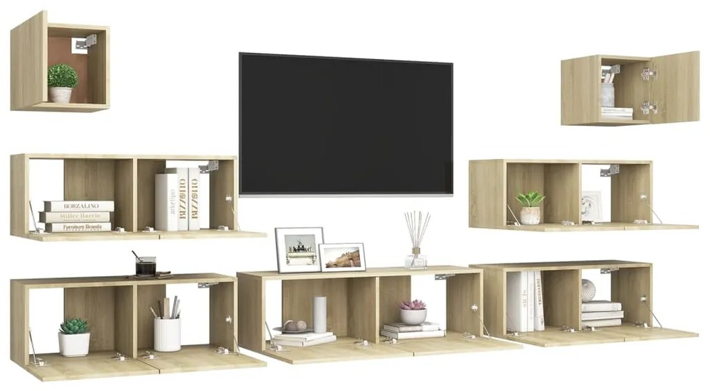 7pcs conjunto de móveis de TV derivados madeira carvalho sonoma