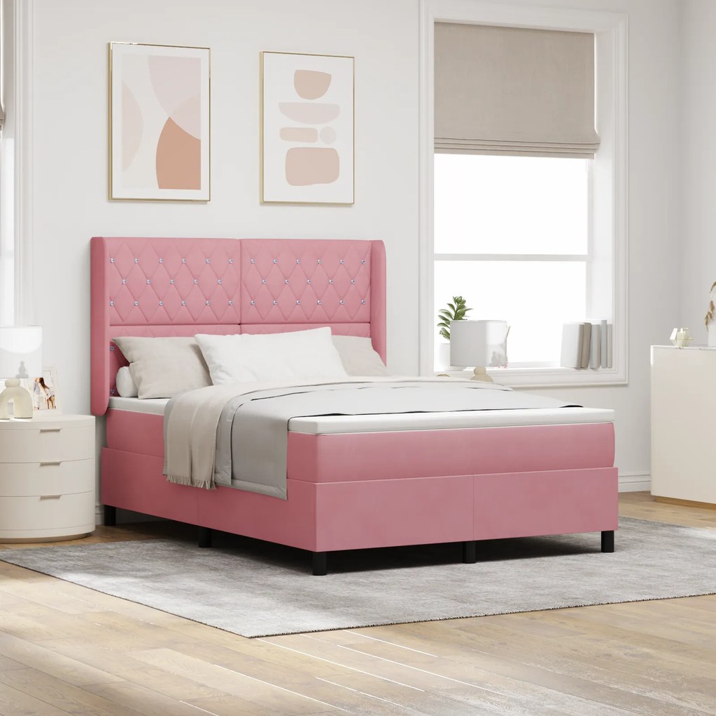 Cama Box Spring com Colchão Rosa 160x200 cm Veludo
