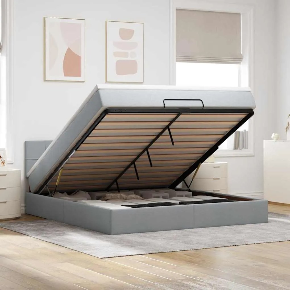vidaXL Cama otomana com colchão 160x200 cm tecido cinzento claro