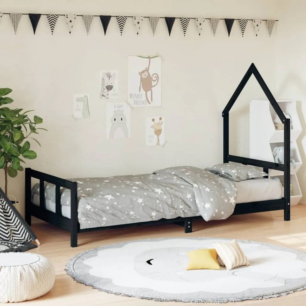 834569 vidaXL Estrutura de cama infantil 90x200 cm pinho maciço preto