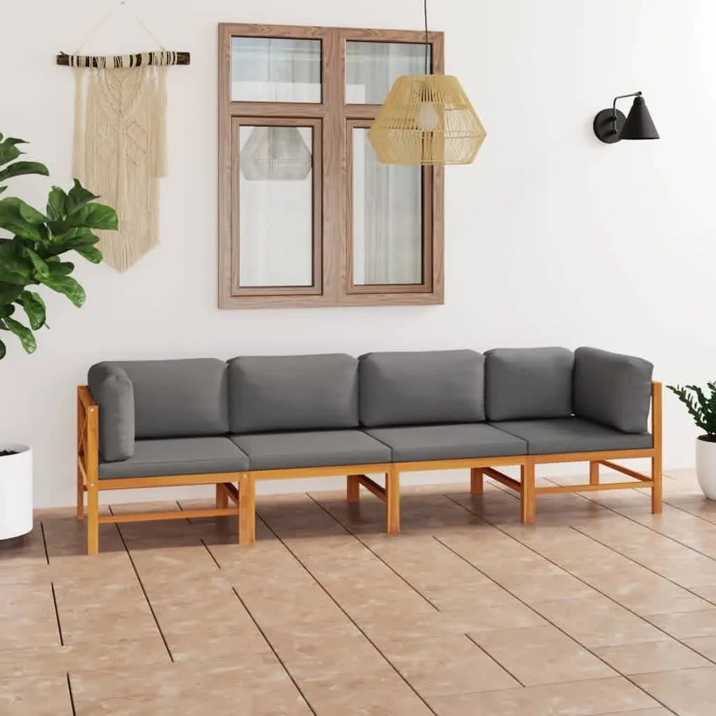 vidaXL Sofá de jardim 4 lugares c/ almofadões cinzentos teca maciça