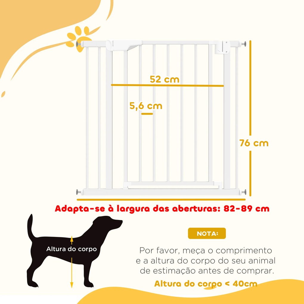 Barreira de Segurança para Crianças e Cães Largura 76-89 cm Bloqueio Duplo Fecho Automático Abertura em Dois Sentidos e Extensão de 7 cm Branco