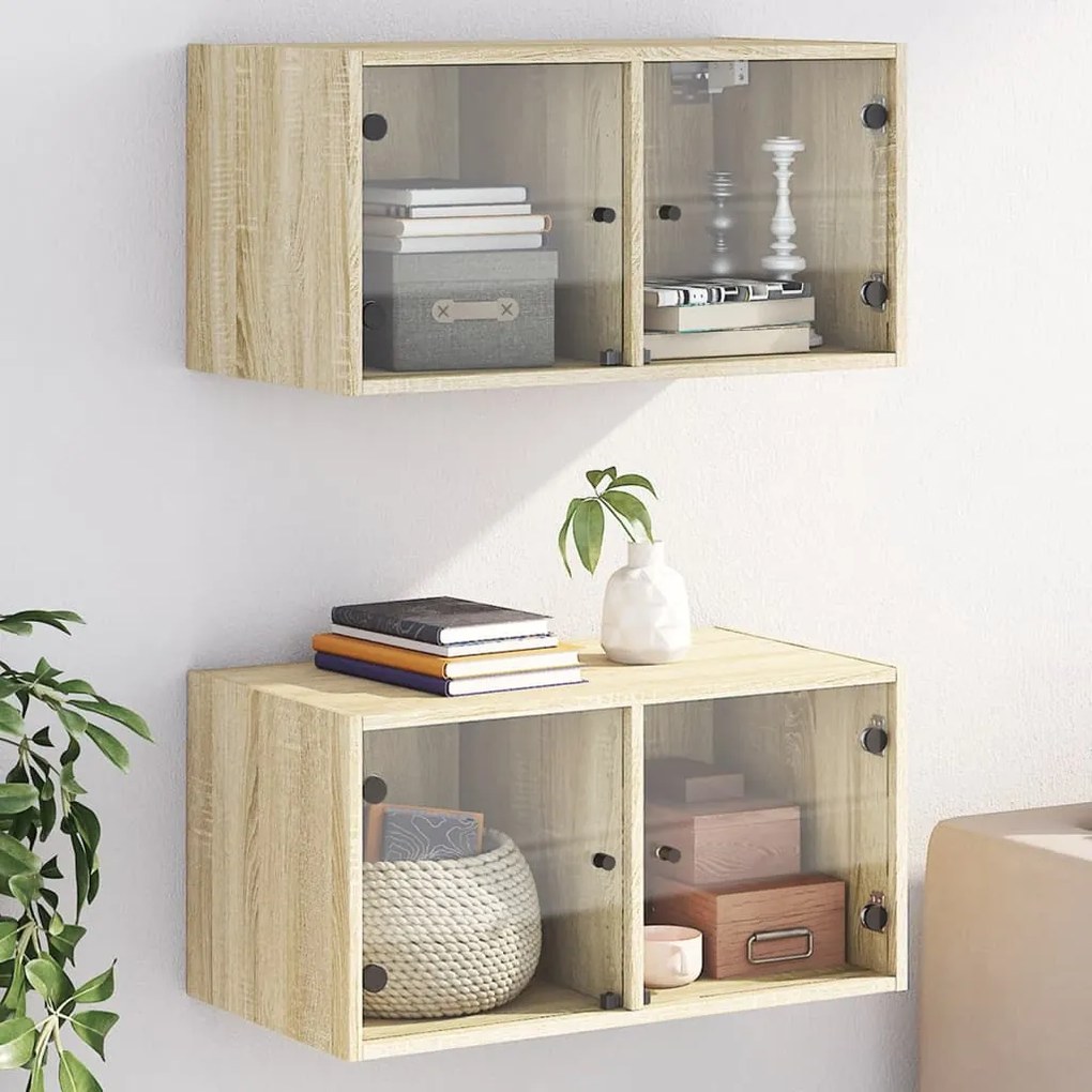 vidaXL Armários parede c/ portas de vidro 2 pcs 68,5x37x35 cm carvalho