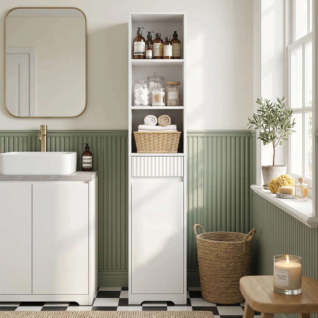 Armário Alto de Casa de Banho com Gaveta Design Canelado Prateleira Ajustável Prateleiras Abertas para Espaços Pequenos Branco