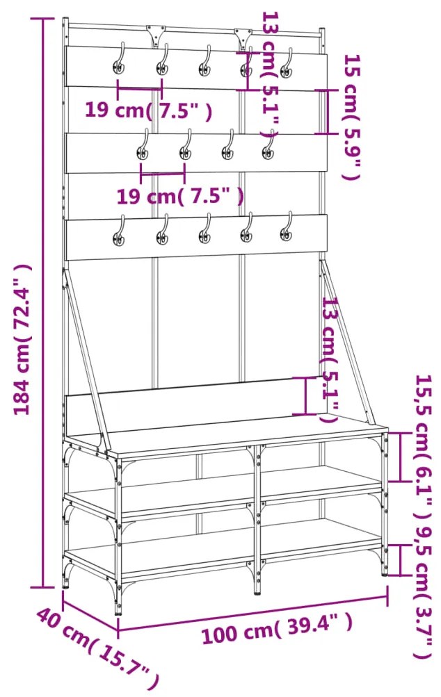 Conjunto de Entrada - Bengaleiro c/ arrumação de calçado 100x40x184 cm