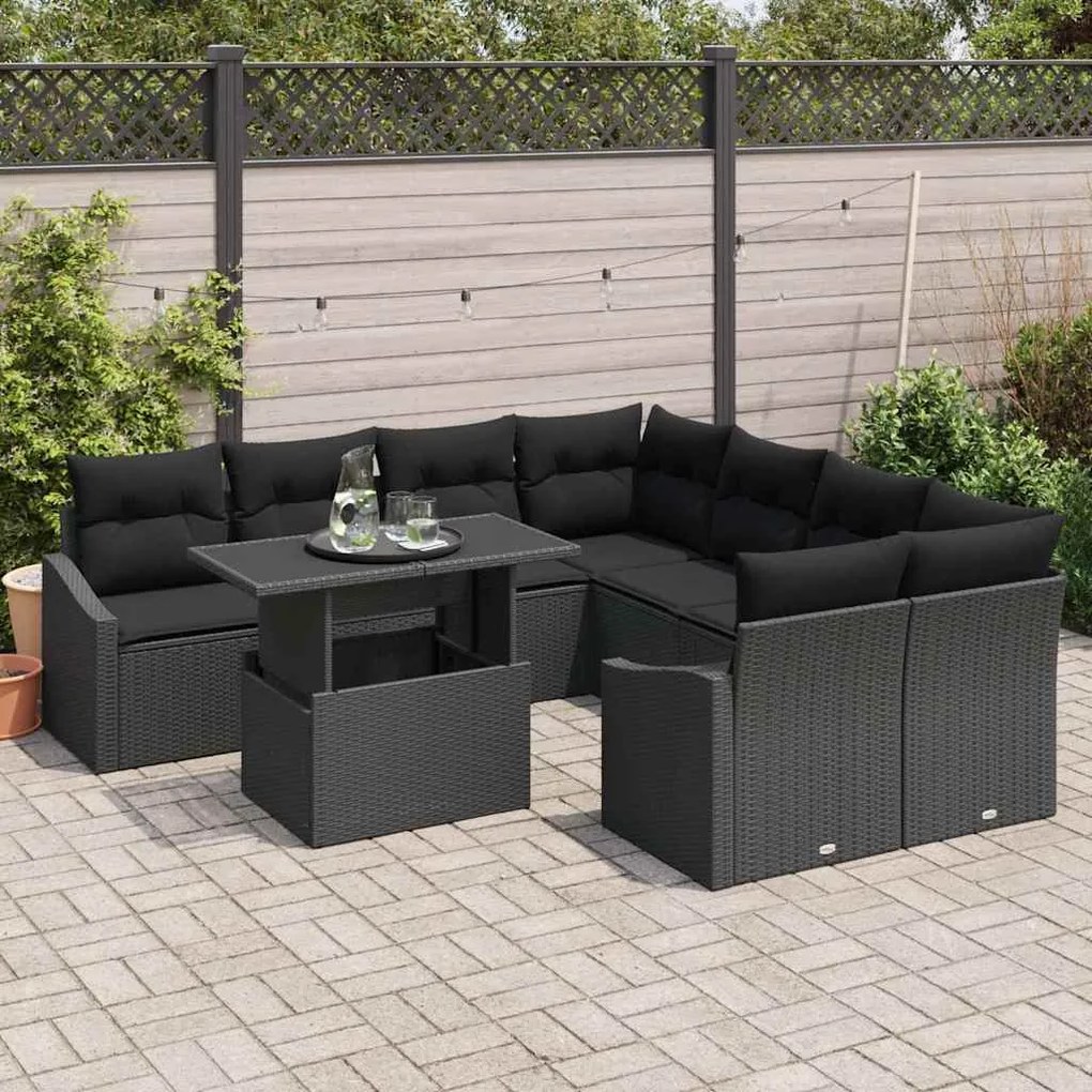 Conjunto de Sofá de Jardim com 9 Peças e Almofadas em Rattan Preto