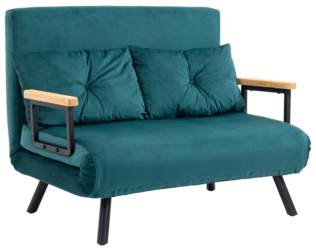 HOMCOM Sofá Conversível 2 Lugares com Encosto Ajustável em 5 Níveis e 2 Almofadas Estofadas Revestimento de Veludo Azul | Aosom Portugal