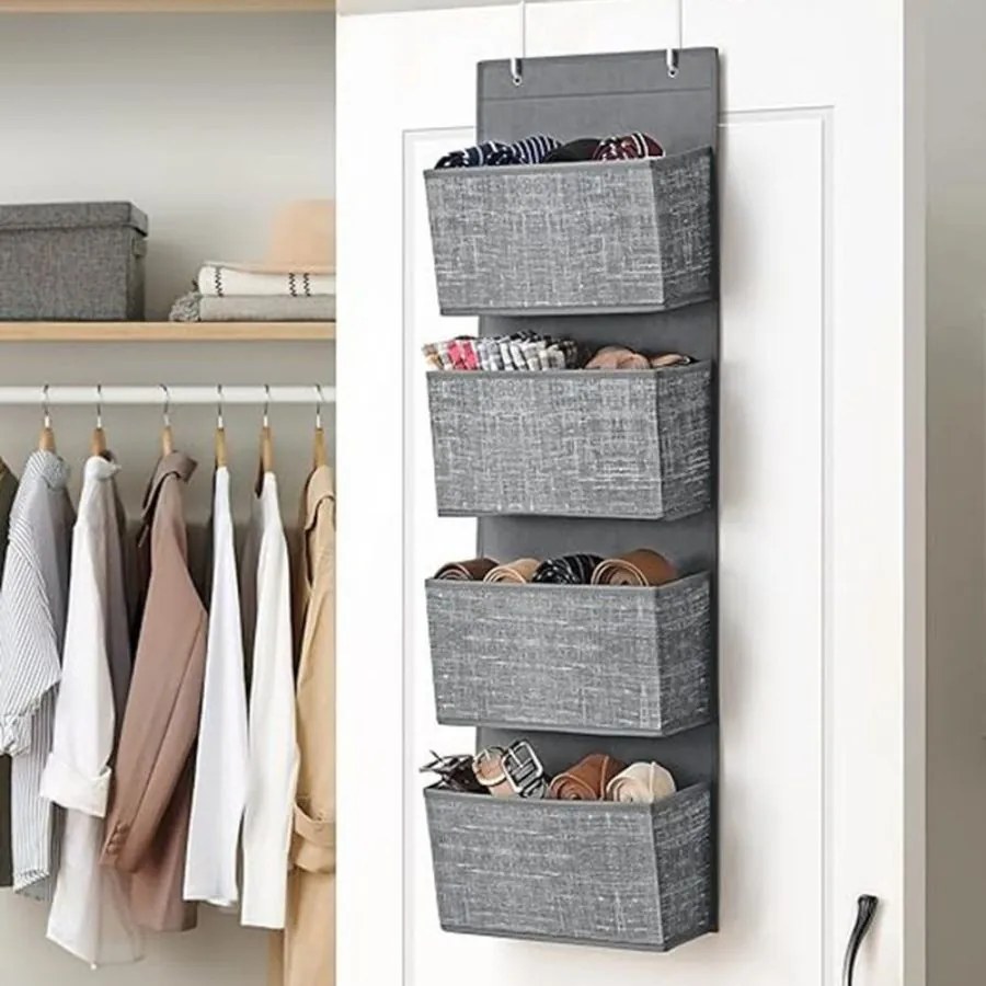 Prateleira organizadora suspensa para guarda roupa com 4 bolsos 33,5 x 12 x 100 cm cinza mesclado