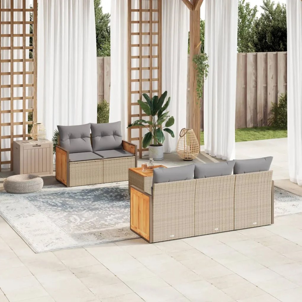 6 pcs conjunto de sofás p/ jardim com almofadões vime PE bege