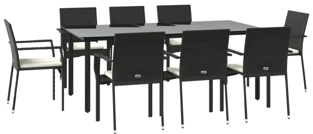 9 pcs conjunto de jantar p/ jardim c/ almofadões vime PE preto