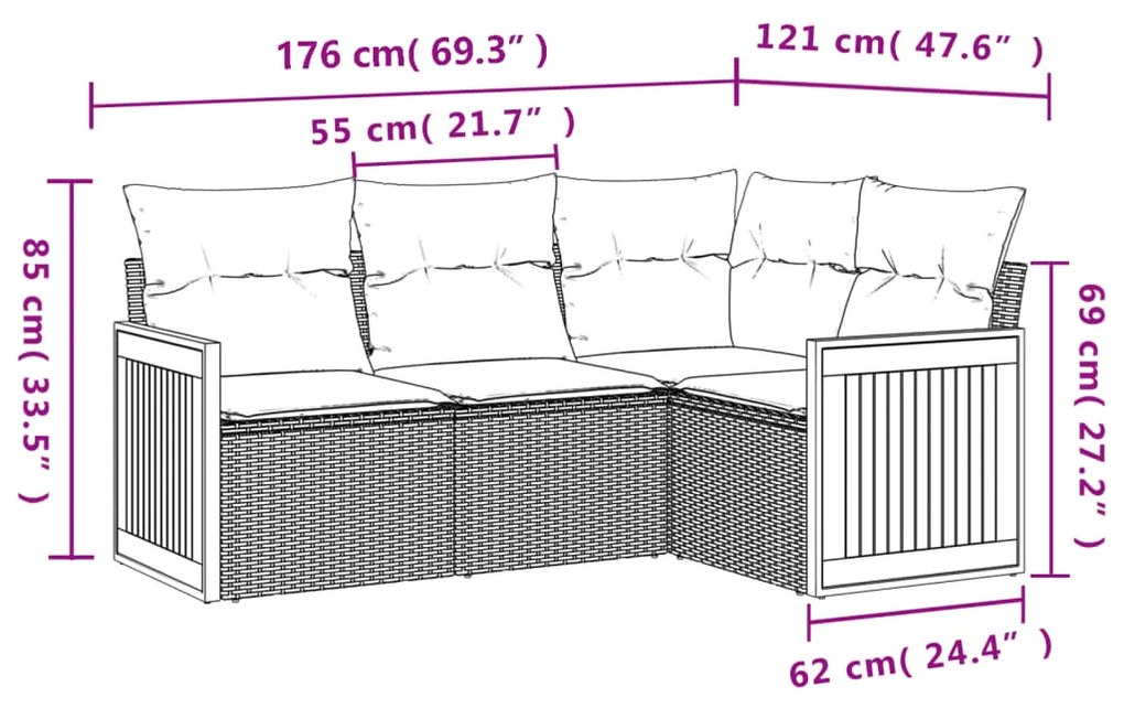 4 pcs conjunto sofás de jardim c/ almofadões vime PE cinzento