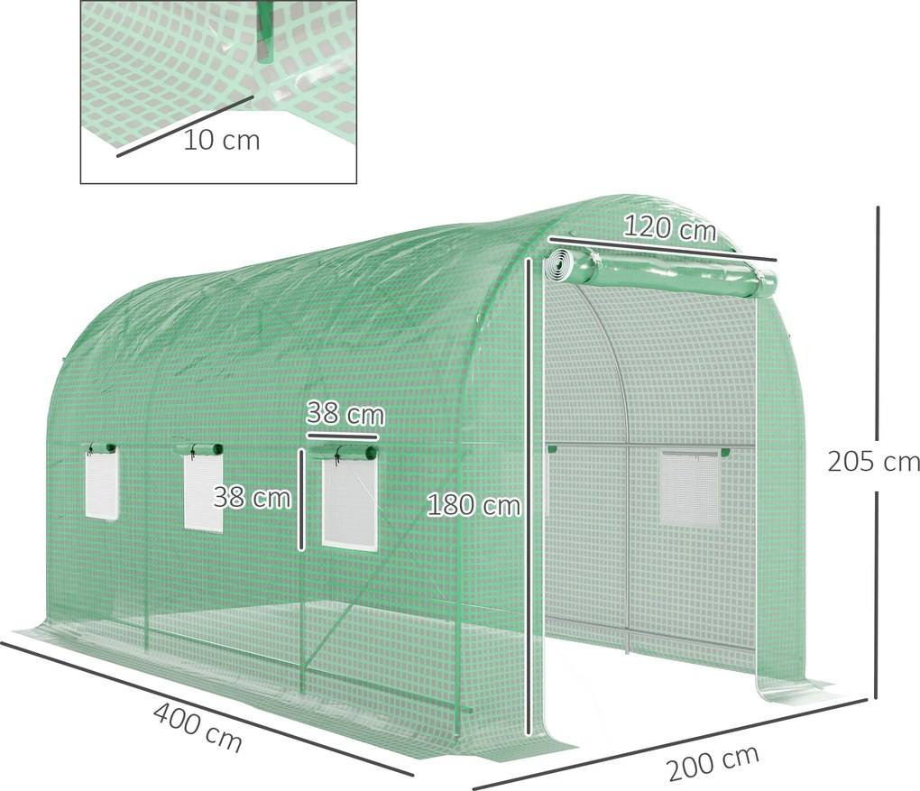 Estufa tipo Túnel 400x200x205 cm Estufa de Jardim com Porta Enrolável e 6 Janelas Cobertura de PE 140 g/m² Verde