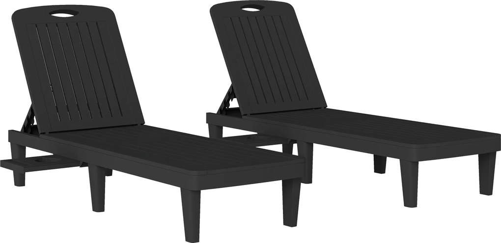 Outsunny Conjunto de 2 Espreguiçadeiras Reclináveis em Plástico PP com Bandeja Lateral e Encosto Ajustável 5 Níveis 192x57x28,5 cm Preto | Aosom Portugal