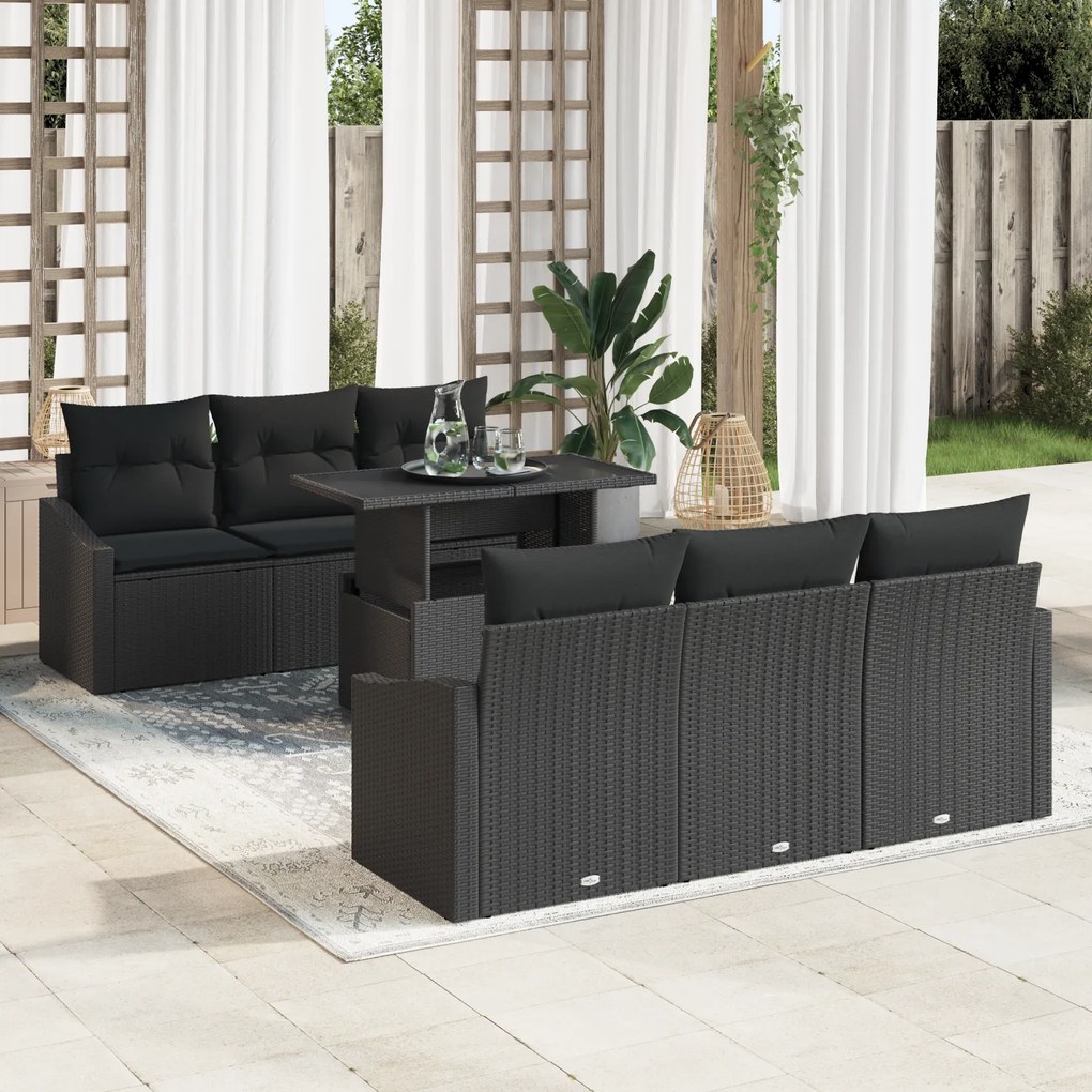 Conjunto de Sofá de Jardim de 7 Peças com Almofadas Preto em Rattan