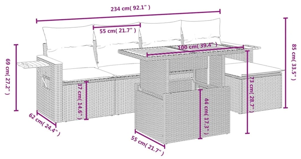 6 pcs conjunto de sofás p/ jardim com almofadões vime PE bege