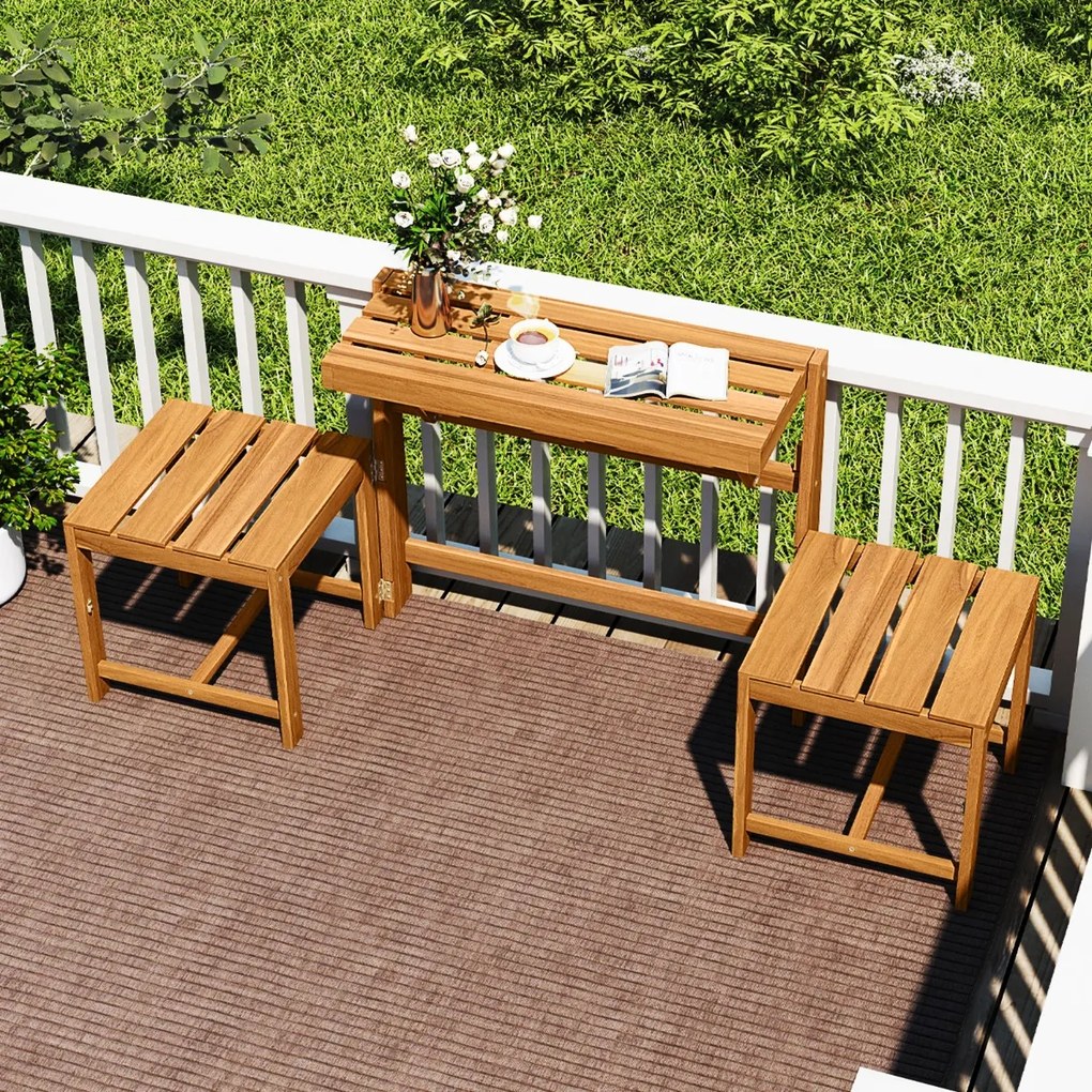 Banco de madeira de acácia 3 em 1, convertível em mesa e cadeiras + estante para plantas multifuncional para terraço e jardim, com um estilo natural