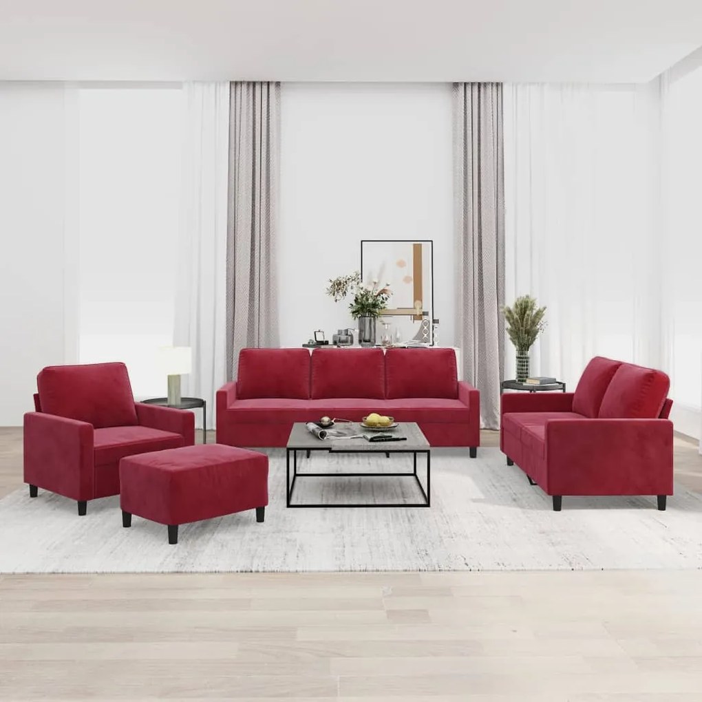 vidaXL 4 pcs conjunto de sofás com almofadões veludo vermelho tinto