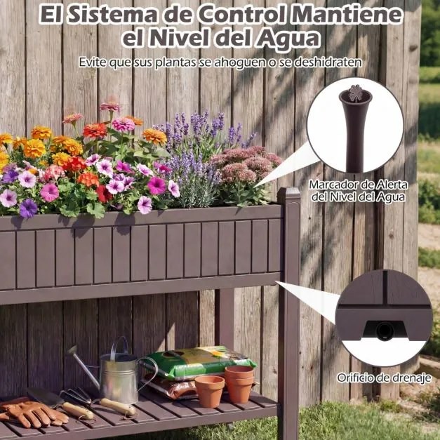 Floreira de jardim elevada Plastico 108 x 44 x 88,5 cm com rodas divisível com monitor de água, orifício de drenagem, prateleira para legumes e ervas,