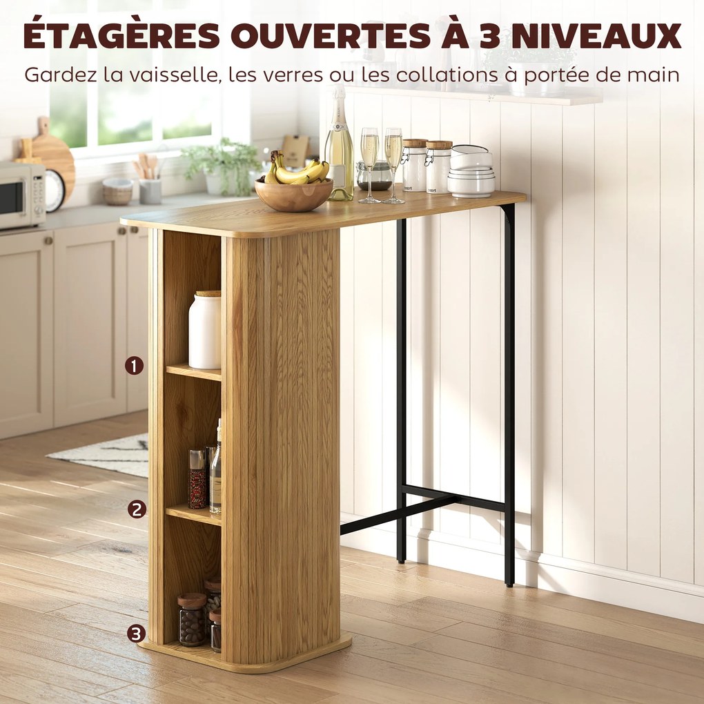 Mesa alta para refeições em pé 112 x 50 x 106 cm, mesa de bar com 3 prateleiras de arrumação e pés em metal, madeira natural