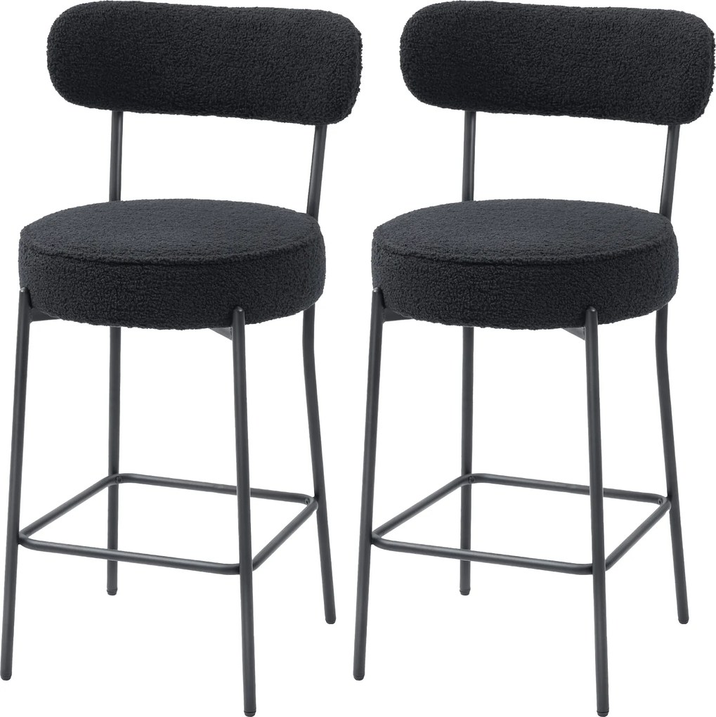 Conjunto de 2 bancos de bar em tecido felpudo, bancos de bar com encosto curvo e apoio para os pés, 49 x 52 x 95 cm, preto