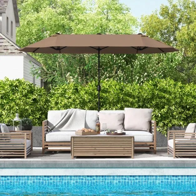 Guarda-sol duplo para jardim com base recarregável, manivela e 12 hastes de alta resistência Castanho
