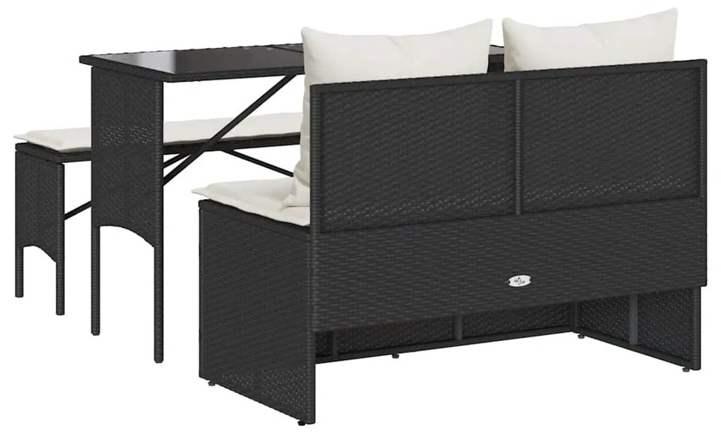 3 pcs conjunto de jantar p/ jardim c/ almofadões vime PE preto