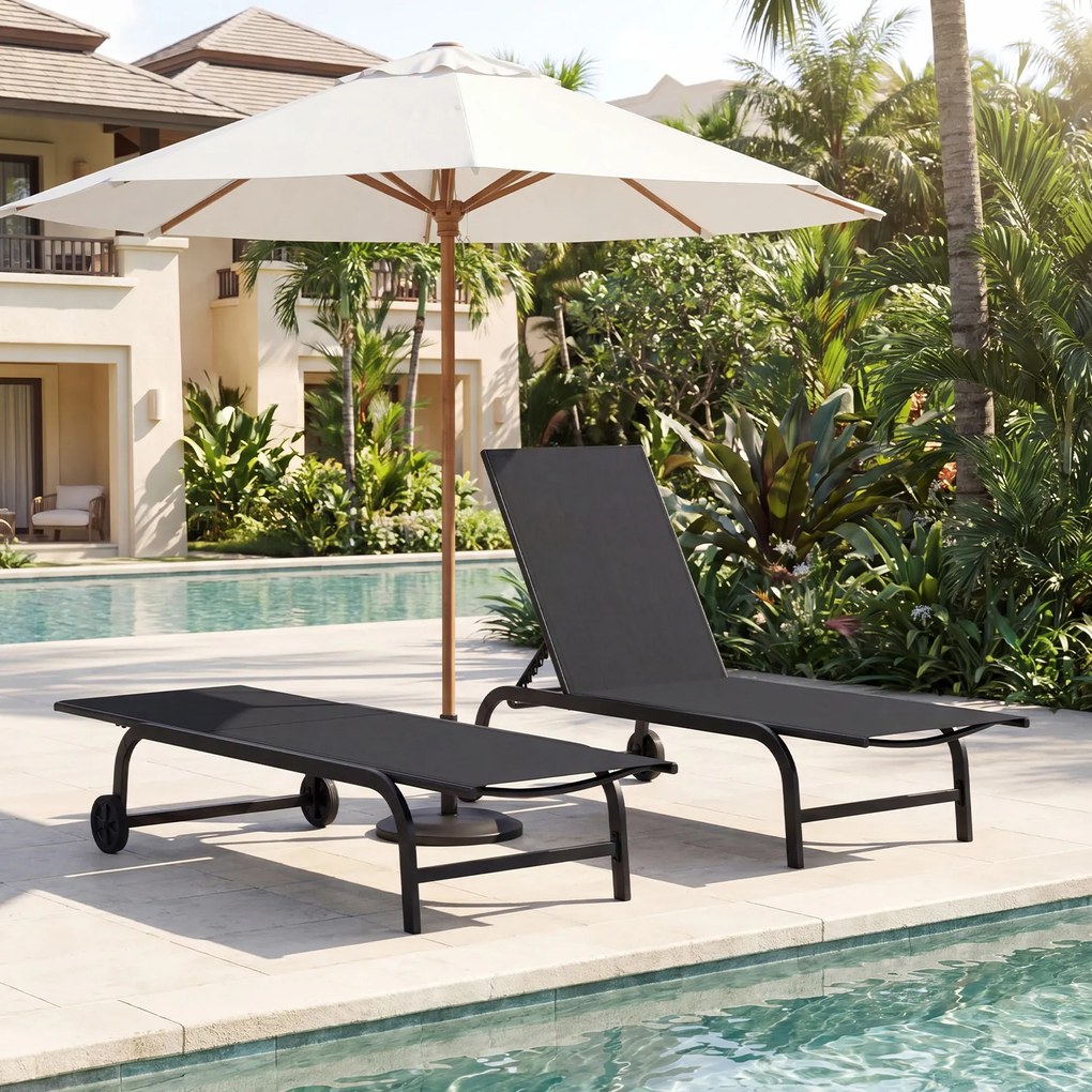 Conjunto de 2 Espreguiçadeiras de Exterior, 190 x 69 cm, Encosto Ajustável em 6 Níveis, Preto