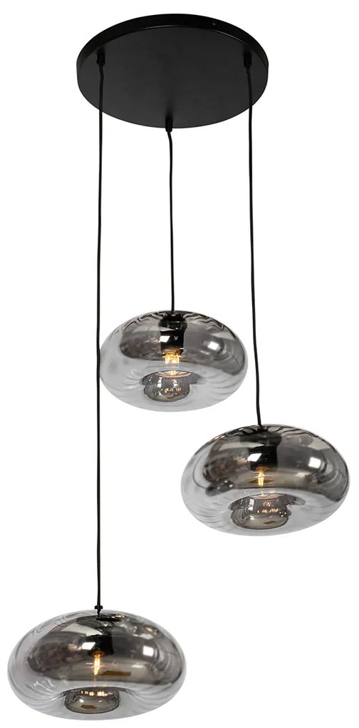 Candeeiro de suspensão Art Deco preto com vidro fumê redondo 3-luzes - Ayesha