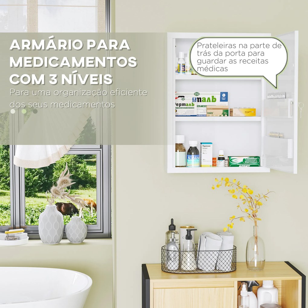 Armário de Parede de Aço para Medicamentos de 3 Níveis com Fechadura e 2 Chaves para Casa de Banho 40x15x53,5 cm Branco