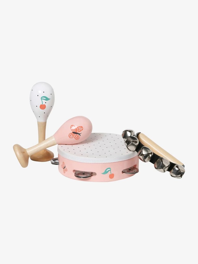 Conjunto maracas, pandeireta, pandeireta com guizos, em madeira FSC® rosa medio liso com motivo