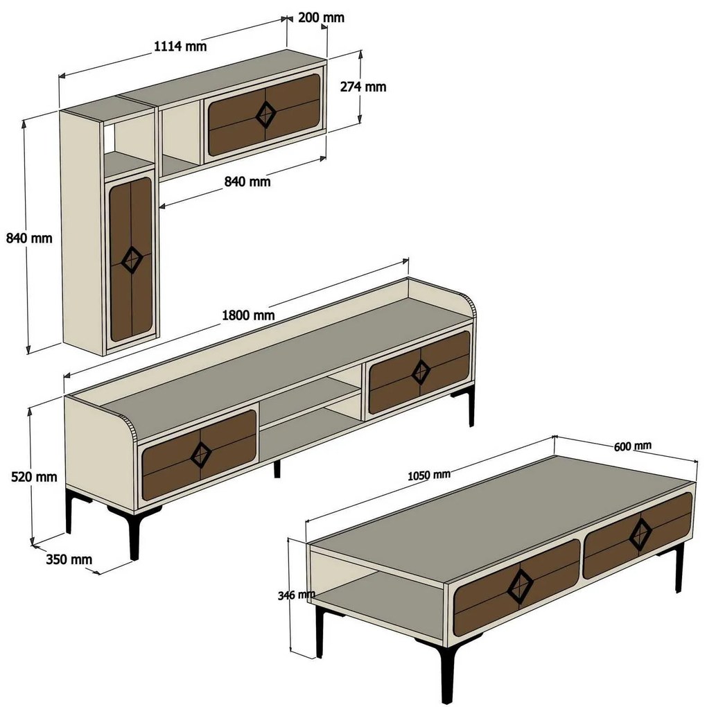 Conjunto de Mobiliário de Sala Samba – Walnut Cream – TV Unit 180x52x3