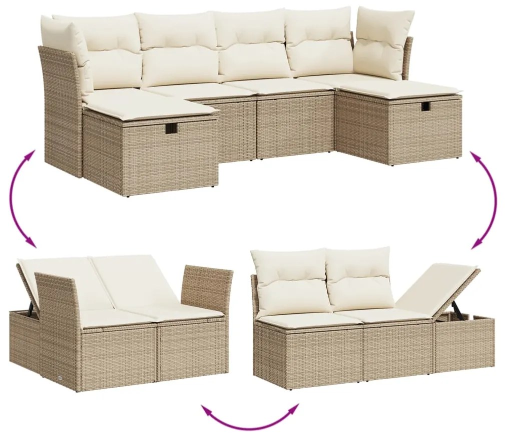 6 pcs conjunto de sofás p/ jardim com almofadões vime PE bege
