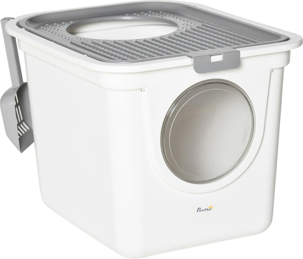 Caixa de Areia para Gatos com Pá Sanita para Animais de Estimação com 2 Portas 44x55x39 cm Branco e Cinza