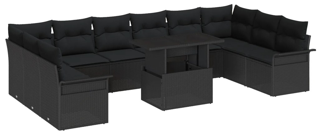 Conjunto de Sofás de Jardim de 11 Peças com Almofadas de Rattan Preto