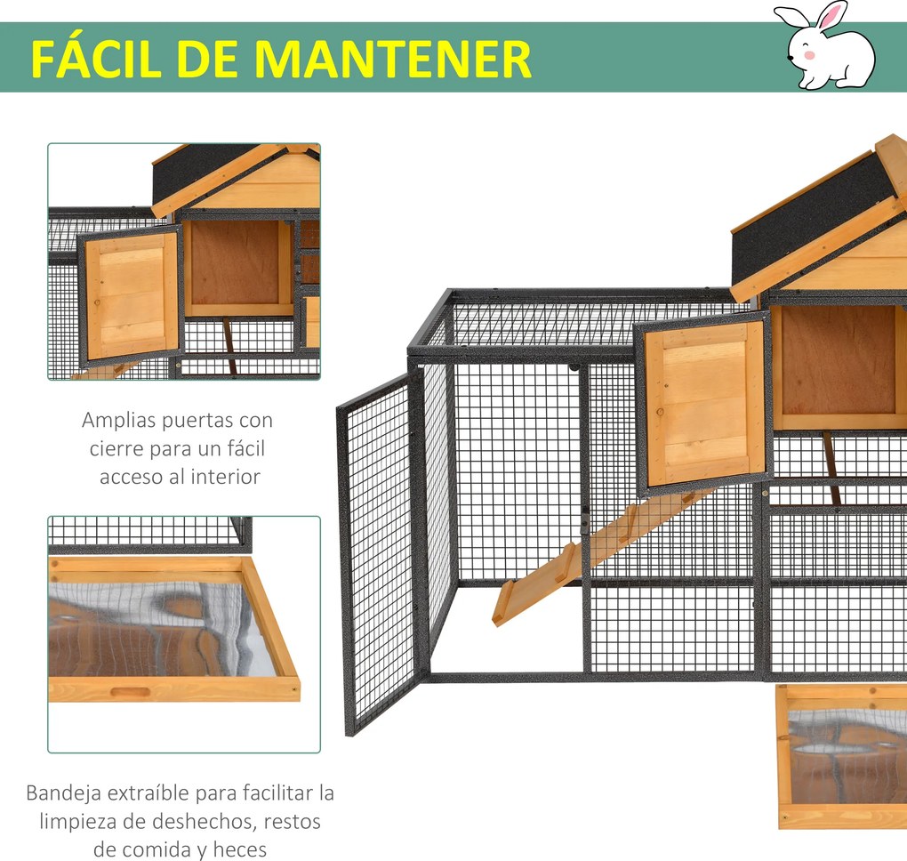 Coelheira para pequenos animais de estimação de 2 níveis com rampa e bandeja removível 122x63x92 cm madeira e cinza