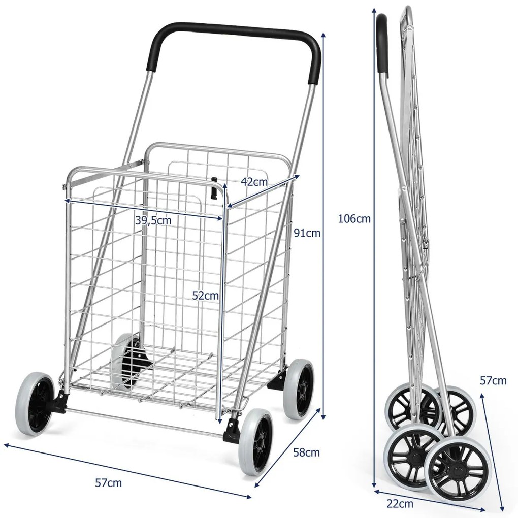 Carrinho de compras dobrável leve com rodas giratórias capacidade de 45kg portátil 57x58x91cm Prata